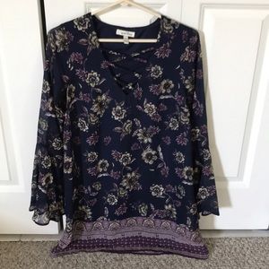 Navy Floral Bell Sleeve Dress with Criss Cross Top